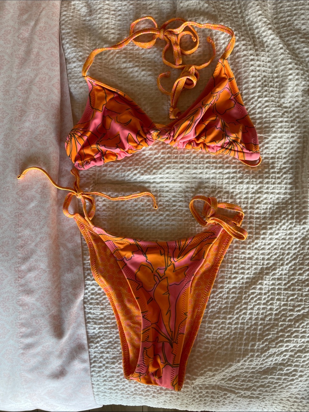 Target Orange Pink Floral Tie-String Bikini Set (S top and XS bottom)